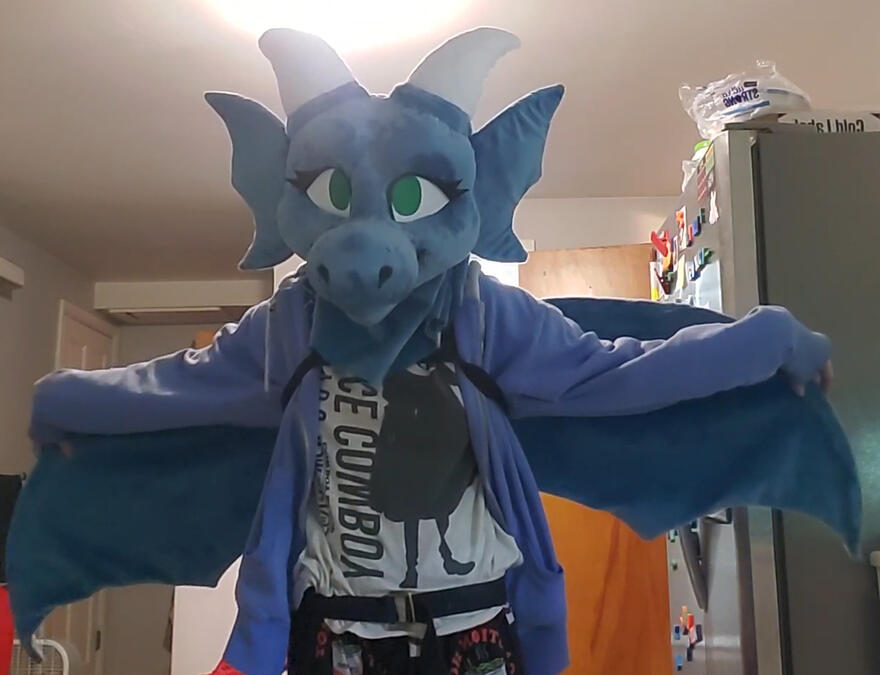 droghlin2 A person wearing the Droghlin fursuit, showing off the wings they are wearing.