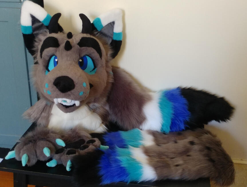 zephyr2 Another view of the head, paws, tail and arm sleeves of Zephyr, a grey and blue dragon wolf with black horns on his head.