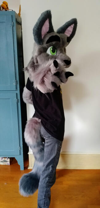 jethro3 A person wearing the Jethro fursuit, they are pointing at the viewer with their body turned away.