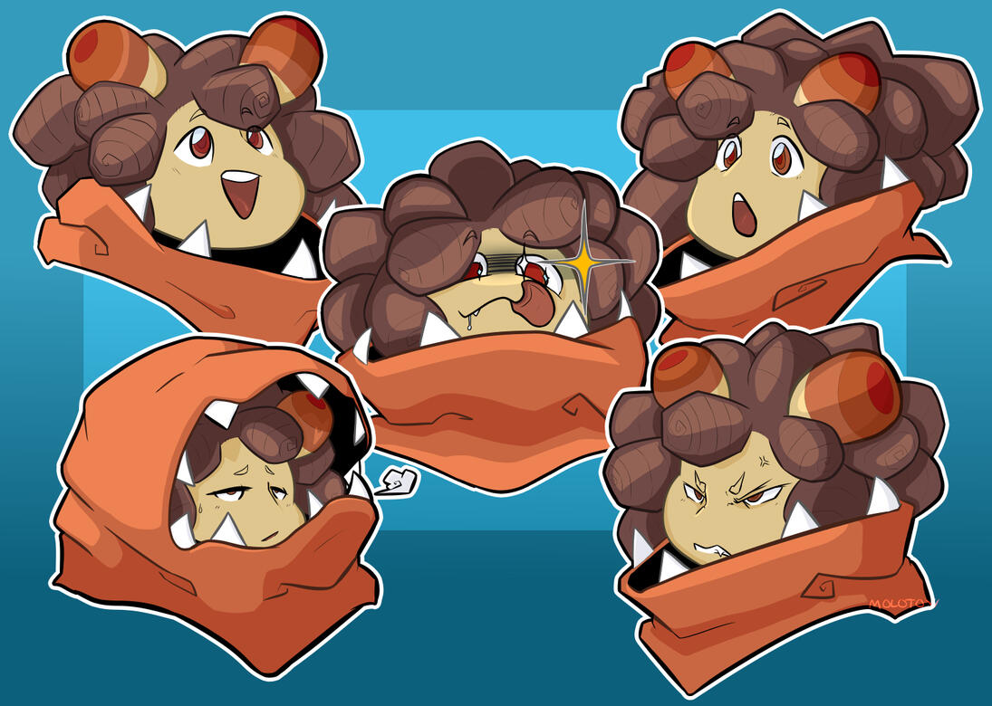 Expression sheet Five headshots of a character wearing a toothy orange scarf/hood making different expressions in each headshot.