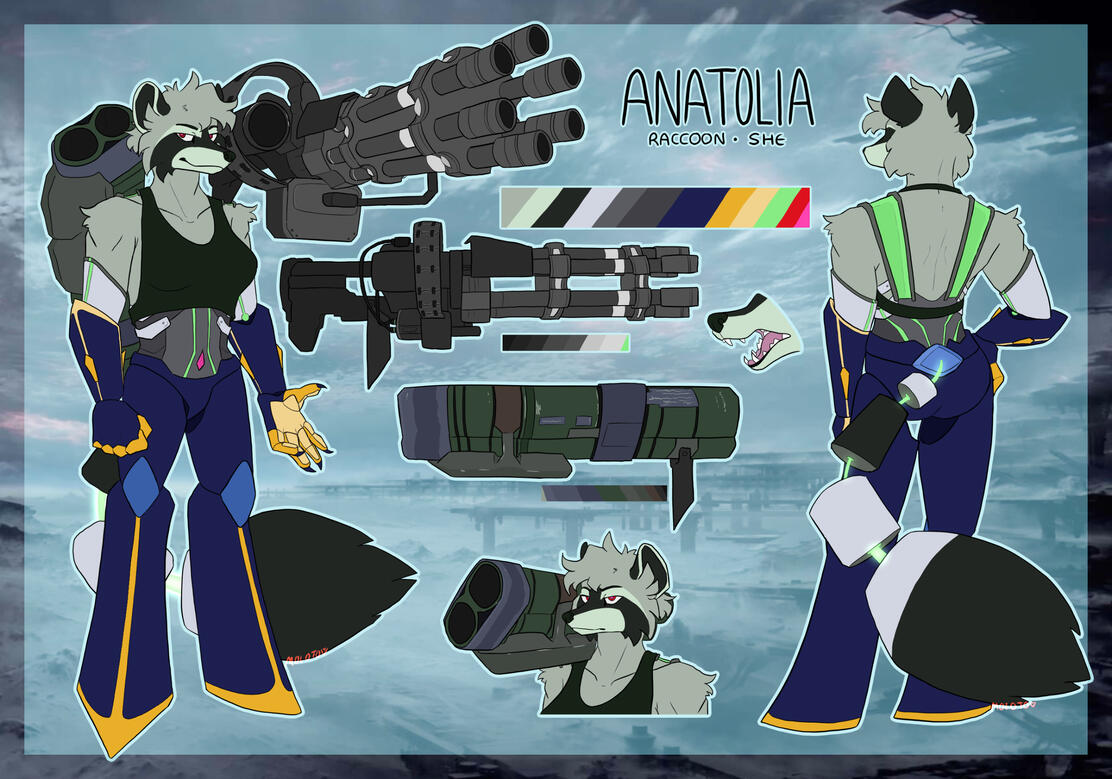 Anatolia ref A character reference sheet of Anatolia, a half-cyborg anthro raccoon. She has two large firearms mounted to her shoulders.