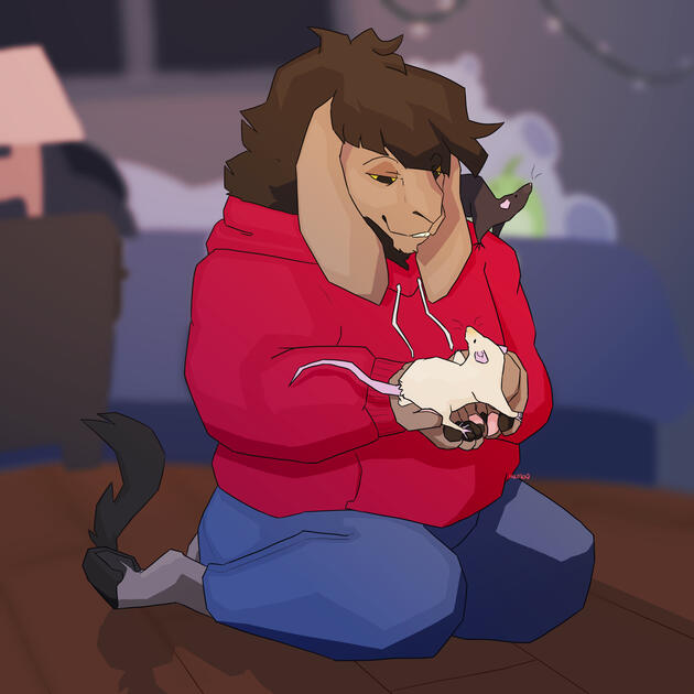 Beast scene An illustration of Logan, a brown-furred humanoid creature sitting on the floor of his bedroom looking fondly at a light-colored rat in his hands. Another darker colored rat sits perched on his shoulder.