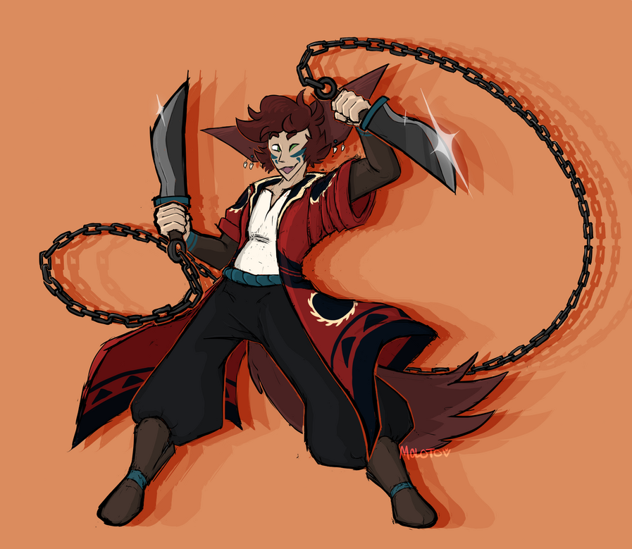 Zane fullbody A drawing of Zane, a humanoid with animal ears and a tail, holding two short swords with the chain connecting the two raised behind him.