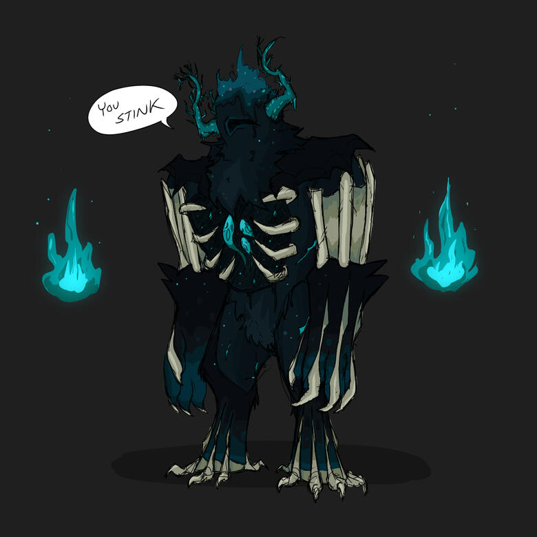 Warden fullbody A drawing of the warden from Minecraft. The warden has a speech bubble that reads "you stink".