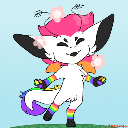 AC Emote A looping animation of a white and rainbow colored dragon character looking joyful.