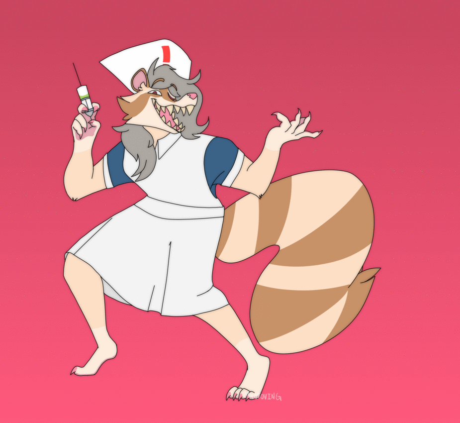 Nurse loop A looping animation of Nurse, an albino raccoon in a nurse's outfit. Their tail is thrashing, and one hand holds a syringe with a bright green liquid.