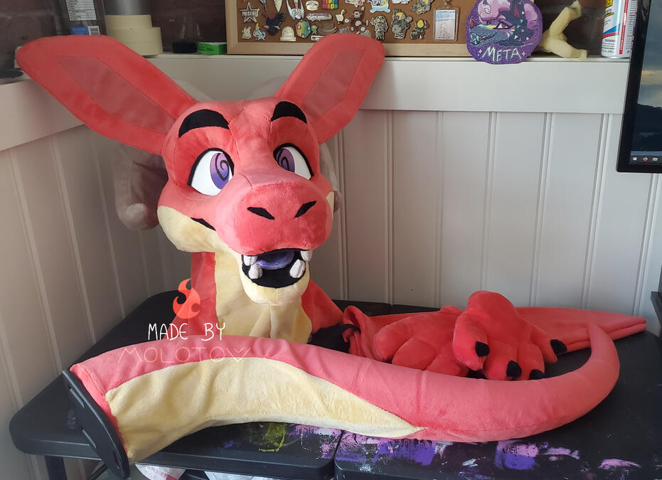 MANTEL1 The fursuit head, handpaws, armsleevs and tail of Mantel, a kobold character.